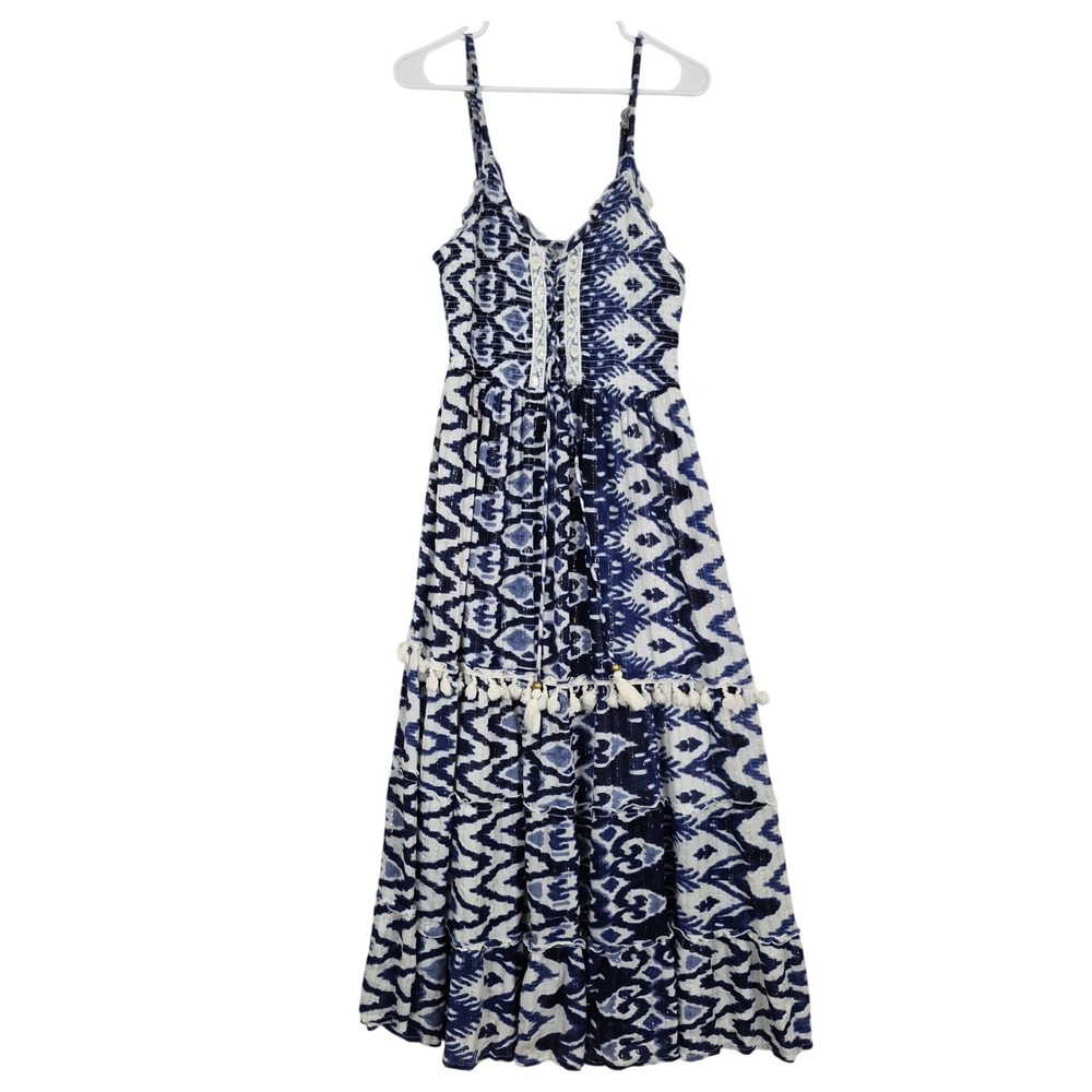 Womens XL Blue White Metallic Tiered Maxi Dress Boho Western Vacation Santorini